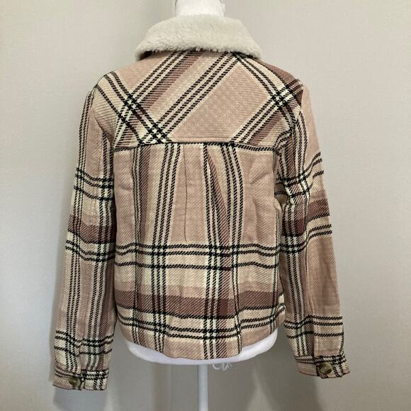 Pink Plaid Faux Shearling Trim Jacket size S NWT Knit Pockets - Picture 7 of 9
